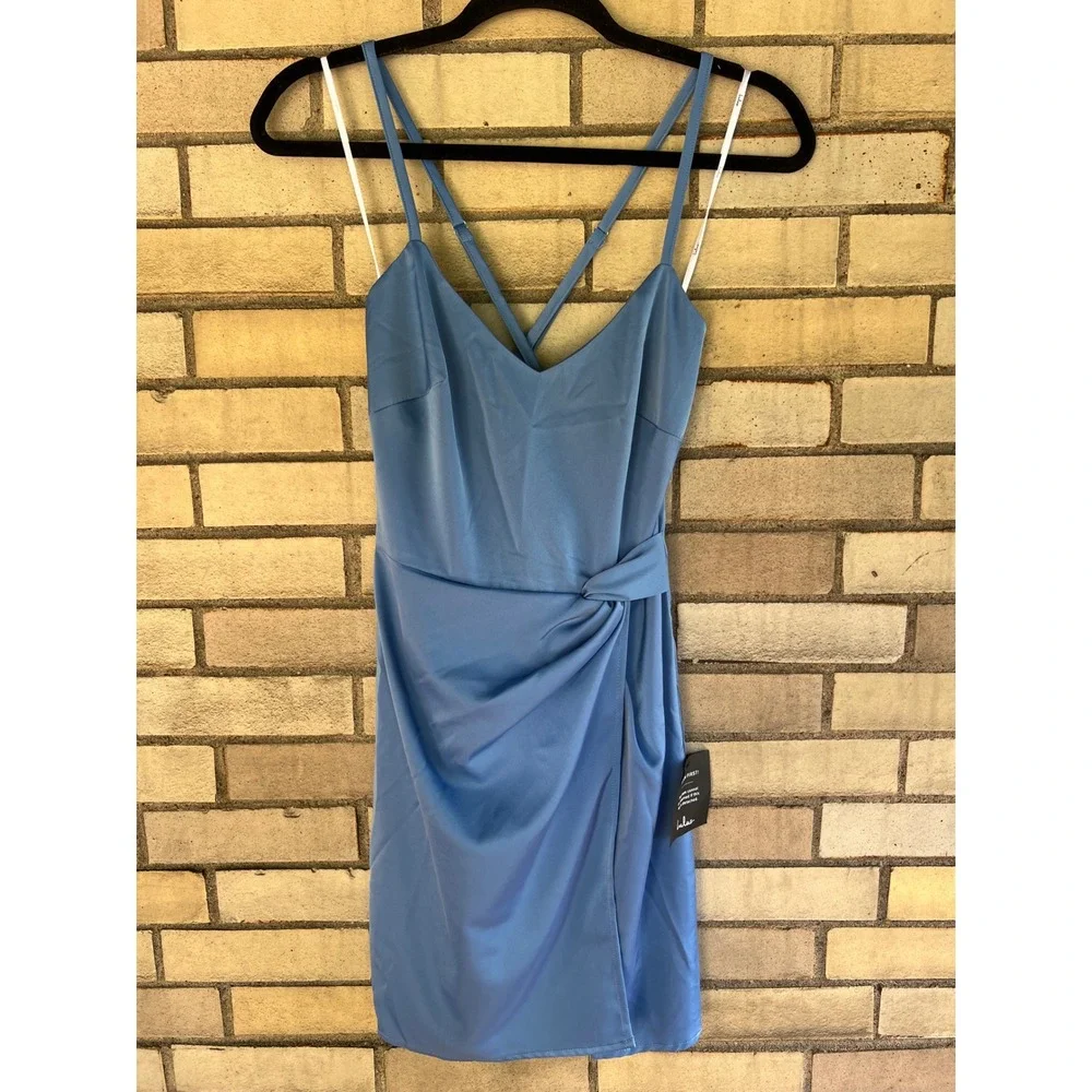 NWT Lulus Blue Satin Faux Wrap Mini Dress XS Party Cocktail Cross Back Straps - Picture 1 of 5